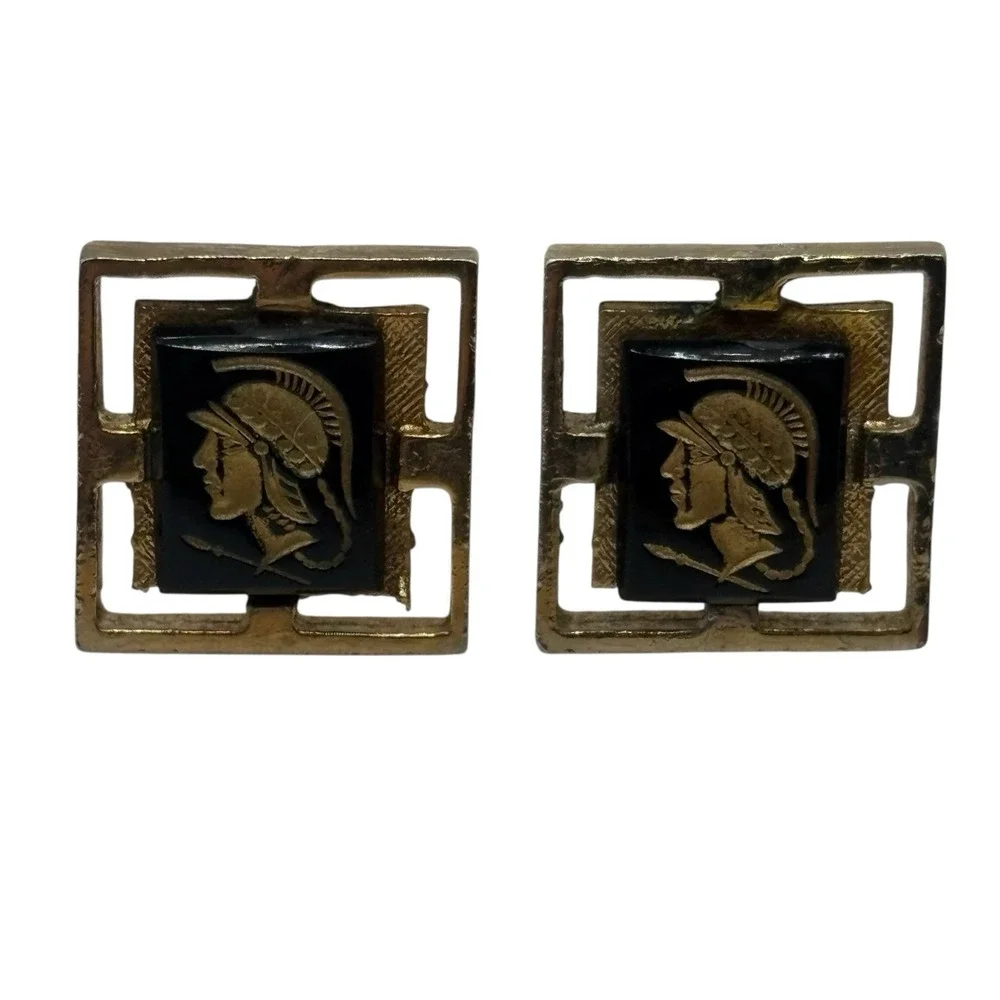 Vintage Cufflinks Roman Trojan Greek‎ Soldier Gold Tone Black Center Open Frame